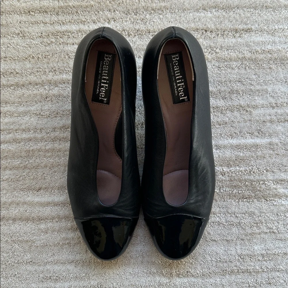 EUC Beautifeel Maya Black Leather/Patent Cap Toe Slip On Pump Heels 38 | 7-7.5